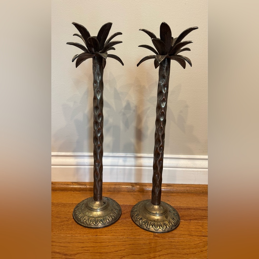 Pair of Andrea by Sadek Palm Tree Candlesticks 16” with patina
